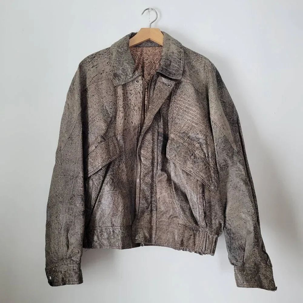 Vintage Vera Pelle Distressed Leather Bomber Jacket Paisley Lined 80s/90s Gray L